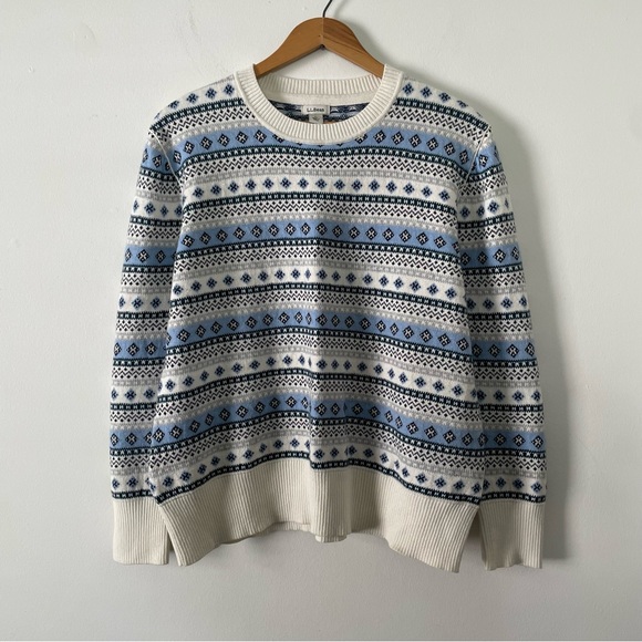 L. L. Bean Blue and Cream Knit Cashmere Blend Fairisle Pattern Sweater Medium - Picture 1 of 4